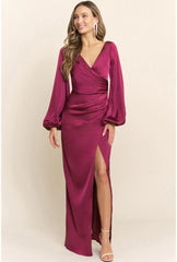Sloane Long Sleeve Satin Maxi Dress - Berry