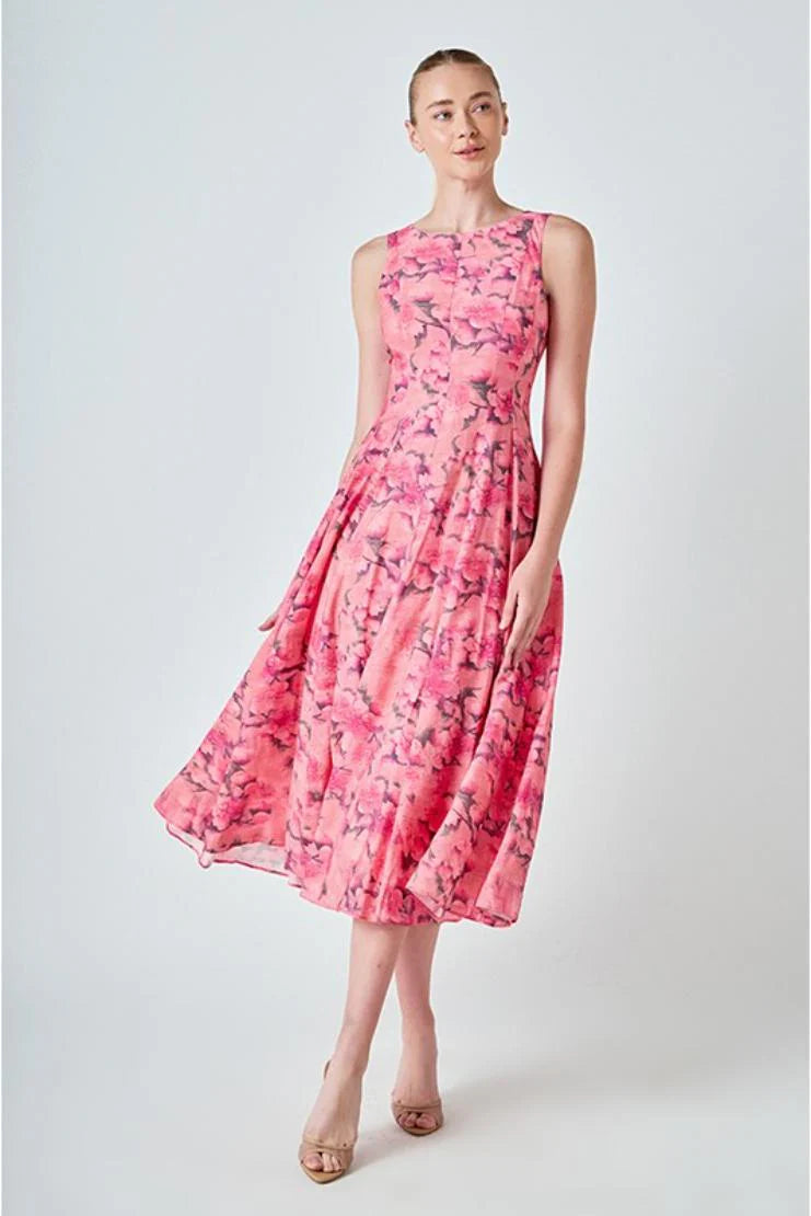 Sheena Florals Sleevless Linen Midi Dress - Pink