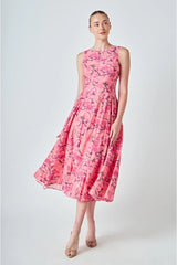 Sheena Florals Sleevless Linen Midi Dress - Pink