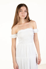 White Over The Shoulder Tiered Maxi Dress