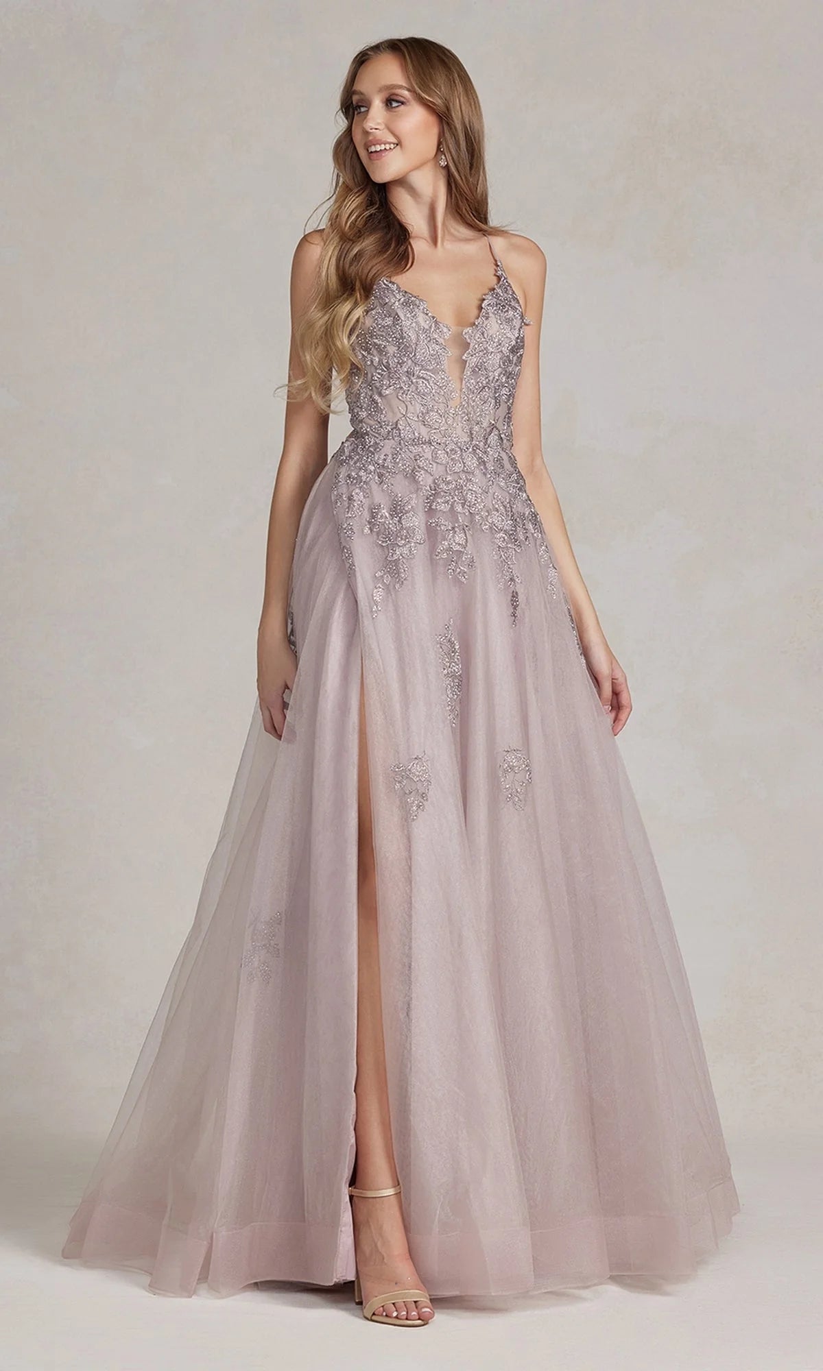 Long A-Line Lace Prom Dress with Wrap-Style Skirt