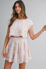PRE-ORDER ONLY! ETA May 15th!  Isabella Floral Applique Embroidered Crop Top and Mini Skirt (Sold Separately) Blush Pink