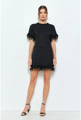 Iris Beaded Fringe Tweed Mini Dress - Black
