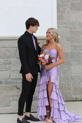 Strapless Sage Green Tiered Long Dress with Slit