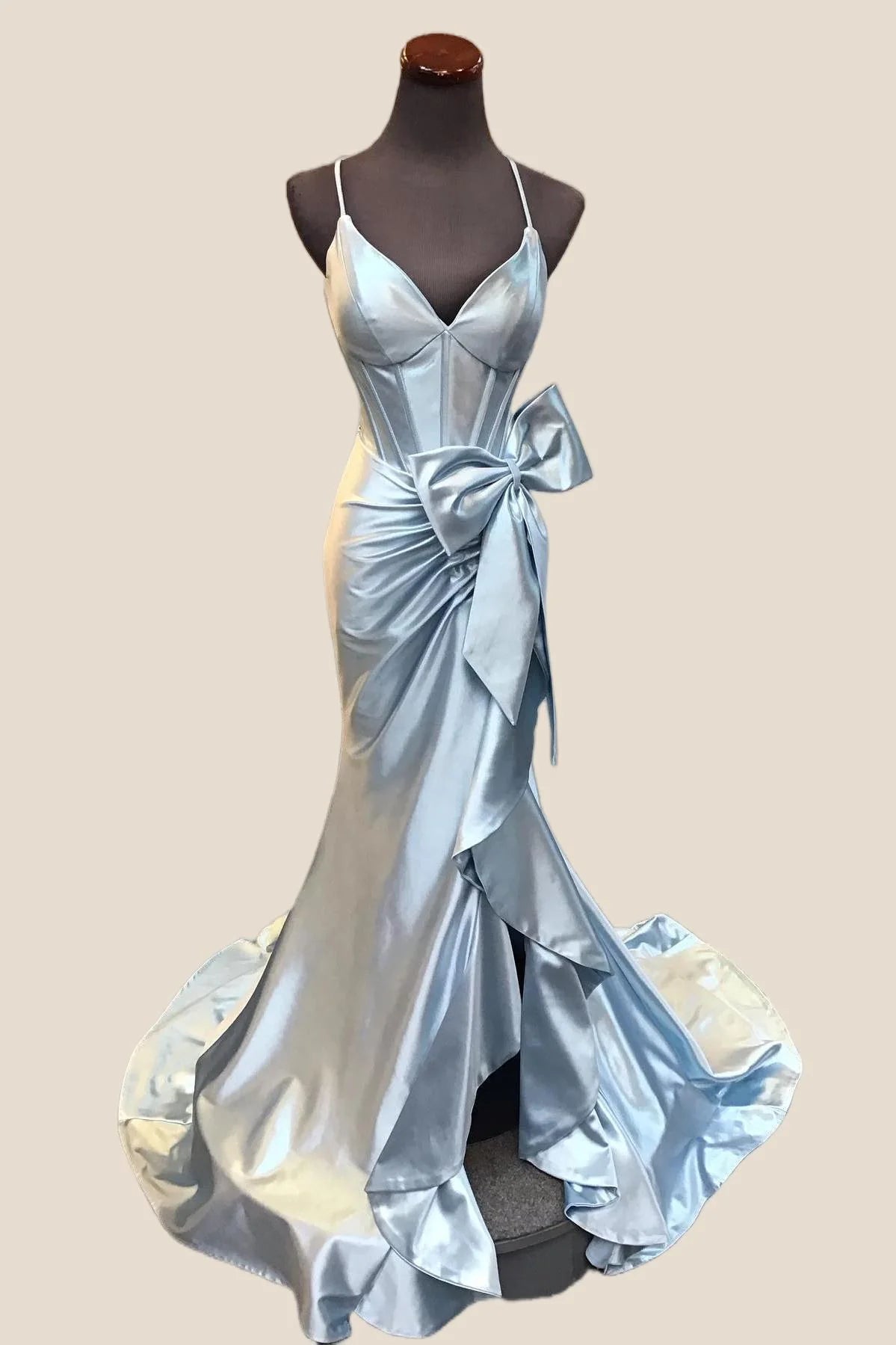 V-neck Light Blue Bow Front Mermaid Long Dress