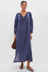 White Dove Embroidery Blue Indigo Organic Folk Maxi Dress