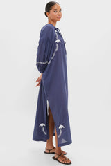 White Dove Embroidery Blue Indigo Organic Folk Maxi Dress