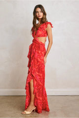 PRE-ORDER Only! (ETA May 30th) Francesca Frilly Ruffles Cut-Out Maxi Dress - Red