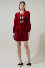 Bethany Velvet Silver Bow Mini Dress - Red