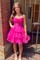 Strapless Yellow Pleated Tiered Short Dress with Rosette