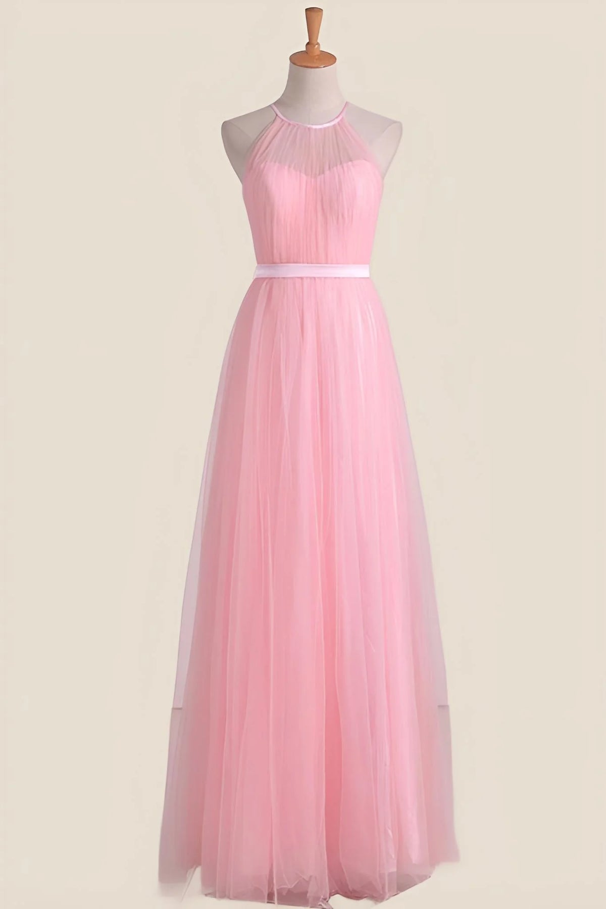 Halter Pink Pleated Tulle A-line Long Party Dress