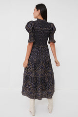 Blue Delphine Pucker Cotton Puff Sleeve Smocked Dress