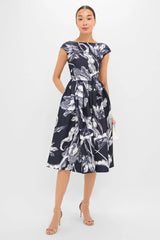 Botanical Engraving Midnight Boat Neck Midi Dress