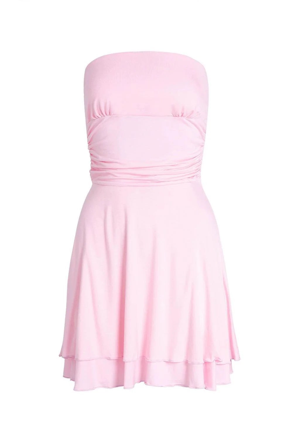 Strapless Pink Ruffle Ruched Short Dress