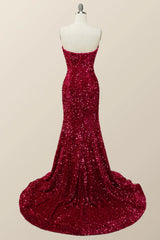Strapless V Neck Fuchsia Sequin Mermaid Party Dress