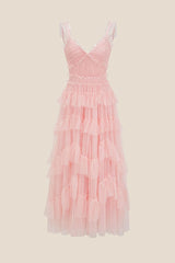 V-neck Blue Ruffle Tiered A-line Long Dress