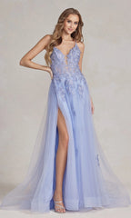 Long A-Line Lace Prom Dress with Wrap-Style Skirt