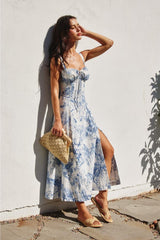 Caroline Coastline Corset Sweetheart Midi Dress - Blue