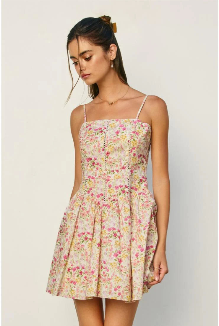 Destiny Floral Ladder Lace Pleated Flared Mini Dress
