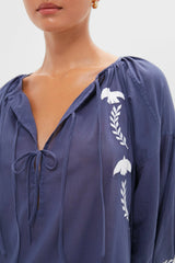White Dove Embroidery Blue Indigo Organic Folk Maxi Dress