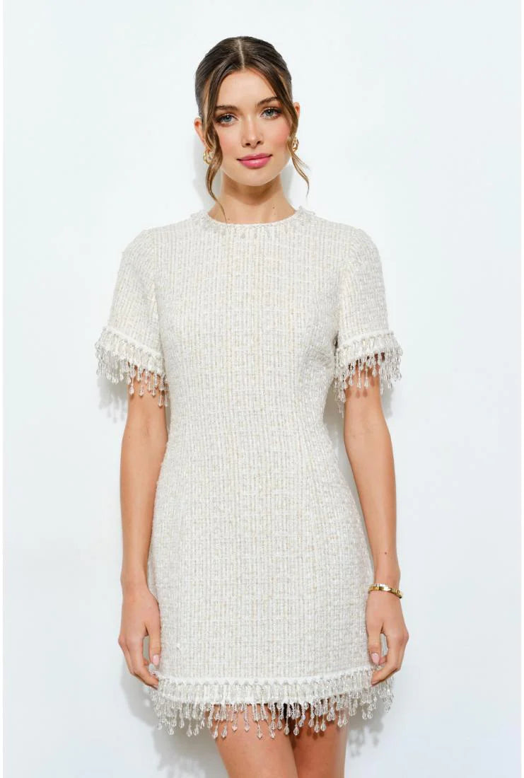 Iris Beaded Fringe Tweed Mini Dress - Ivory