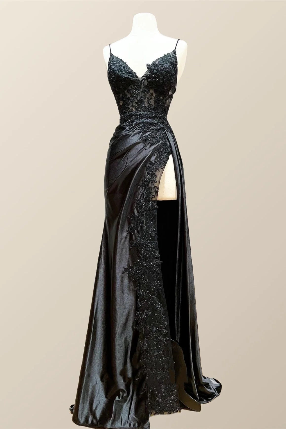 Straps Black Appliques Long Formal Dress with Slit